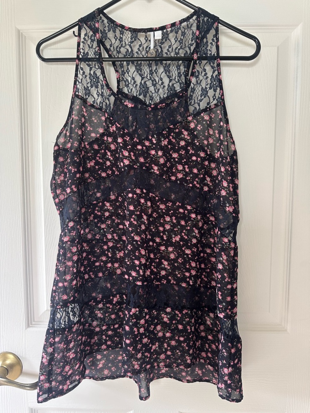Lace-Trim Floral Mesh Tank Top - Navy with Pink Flowers